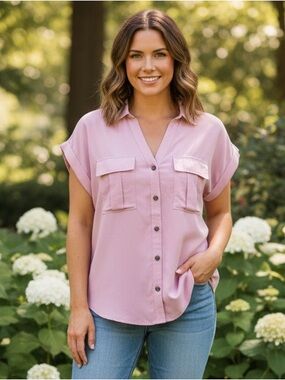 New Zenana Women's Short Sleeve Collared Casual Blouse - Light Rose